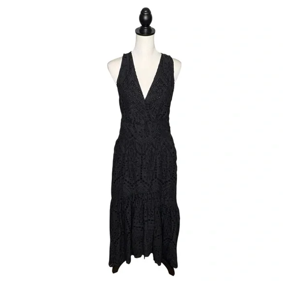 Anthropologie Maeve Eyelet Faux Wrap Midi Dress Size 10 Black Self Tie Belt - Picture 6 of 14